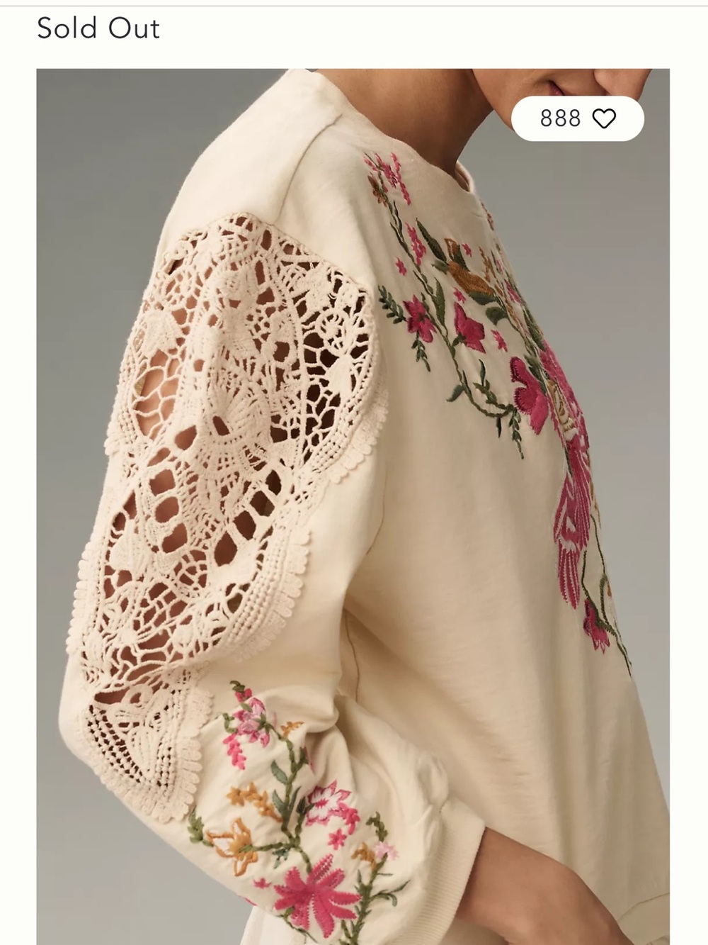 Anthropologie Cream Sweatshirt with Pink & Green Floral Embroidery - Picture 4 of 8
